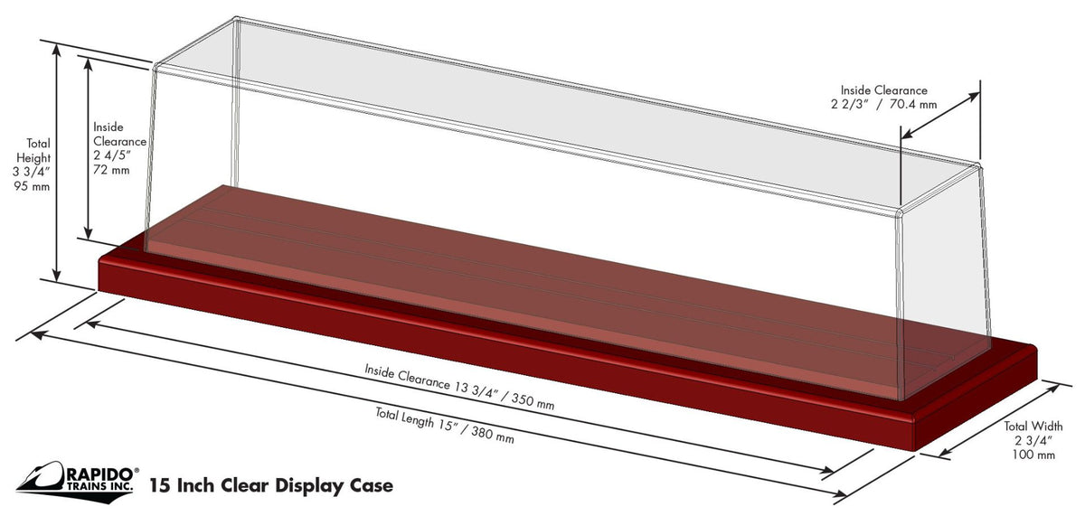 Rapido 320511 HO scale 15 inch Clear Display Case dimensions