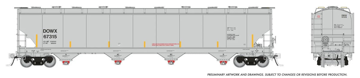 Rapido HO scale Trinity 6241 cu ft covered hopper, DOWX Dow Chemical