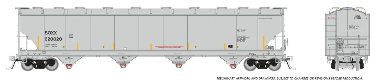 Rapido HO scale Trinity 6241 cu ft covered hopper, SOXX SMBC Rail Services