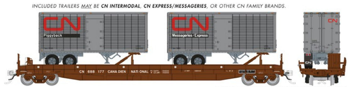 Rapido HO Vancouver Iron Works piggyback flatcar Canadian National w/ Two 26' Trailers