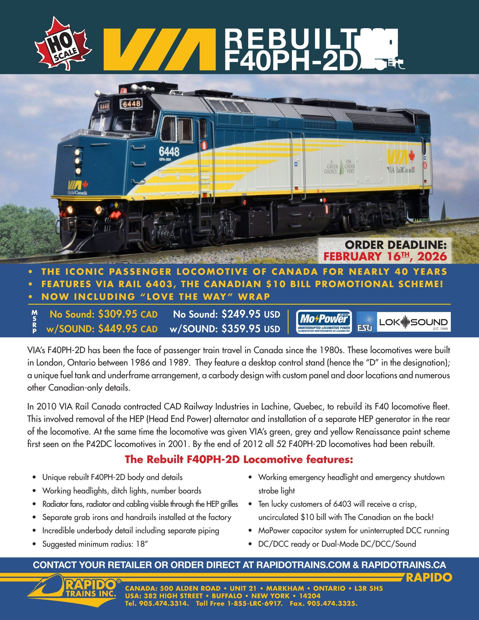 Rapido VIA Rebuilt F40PH-2D sales sheet