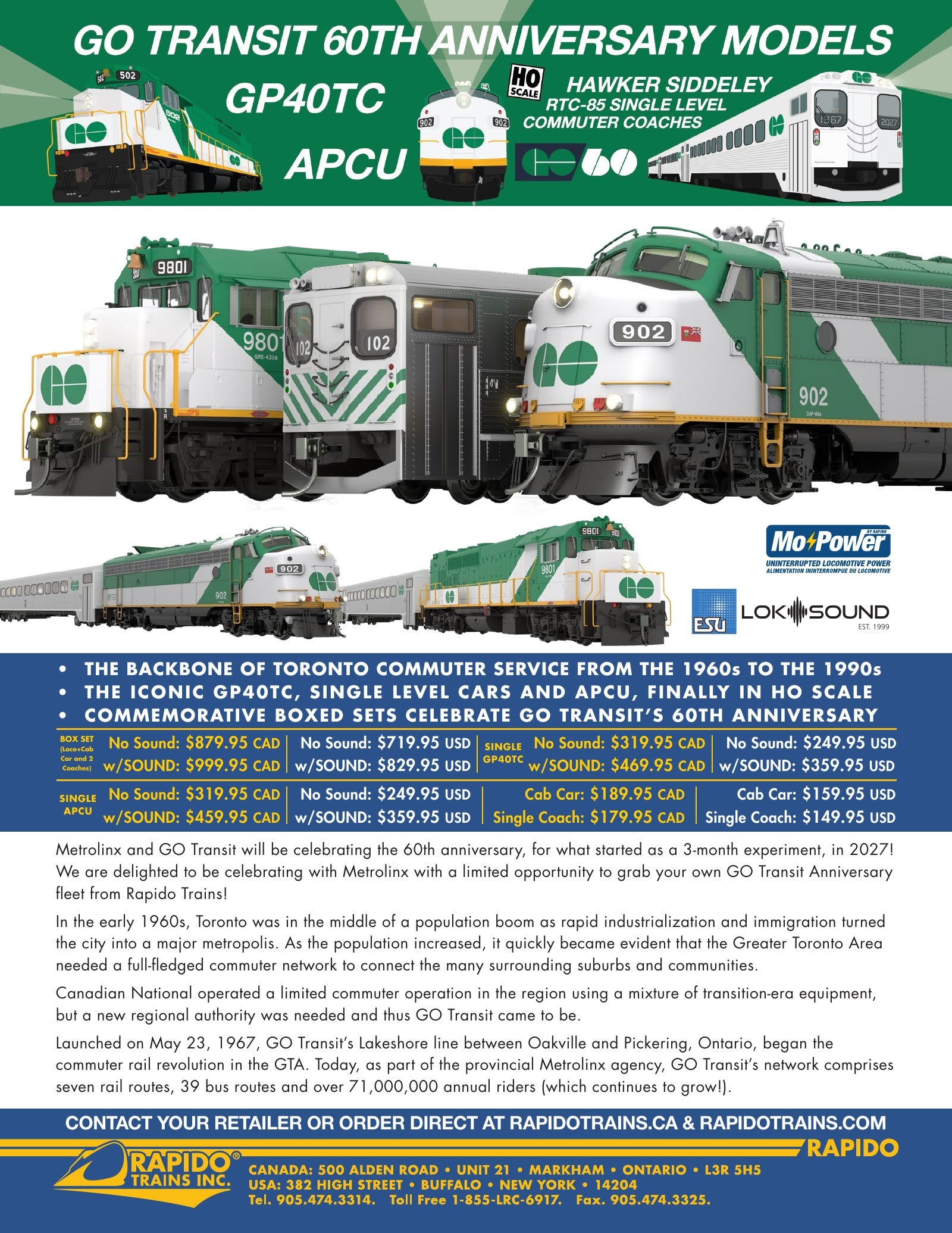 Hawker Single Level Commuter Cars sales sheet — features, prototype info, all road numbers