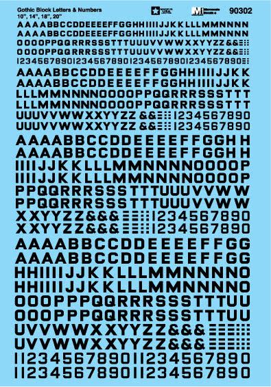 Microscale 90302 HO Scale Gothic Block Letters and Numbers, Black, 10"-20" Sizes Waterslide Decals