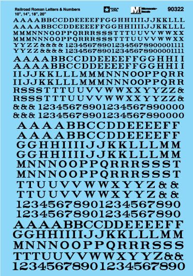 Microscale 90322 HO Scale Railroad Roman Letters and Numbers, Black, 10"-20" Sizes Waterslide Decals