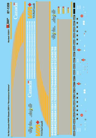 Microscale 87-1359 HO Scale VIA Rail Canada Rebuilt F40PH-2 Locomotives and Renaissance Equipment Waterslide Decals