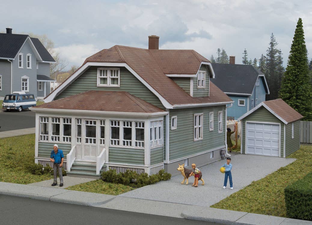 Walthers Cornerstone 3791 HO Scale Updated American Bungalow with Single-Car Garage - Kit - House measures: 6-11/32 x 3-5/8 x 3-1/2" 16.1 x 9.1 x 8.8cm