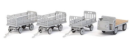 Walthers SceneMaster 4141 HO Scale Baggage Tractor and Trailers - Plastic Kit - Non-Powered Tractor and 3 Trailers (gray)