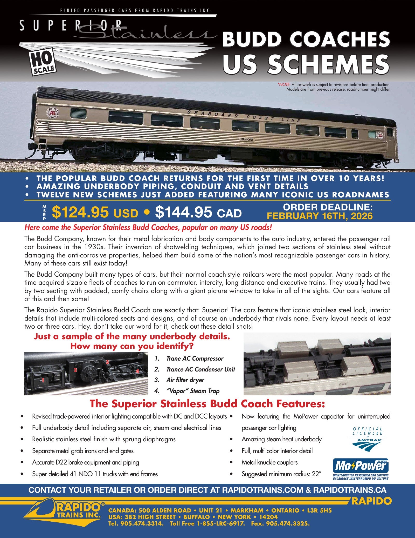 Superior Stainless Budd Coaches sales sheet — features, prototype info, all road numbers